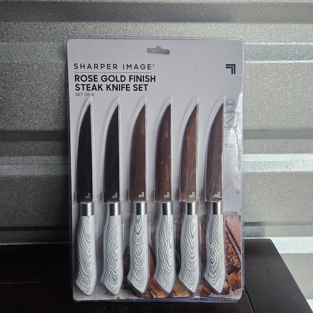 Sharper Image Set of 6 Rose Gold Finish Steak Knife Set - New